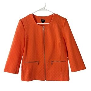 Rafaella Orange Textured Zip Front Jacket Size 8 Basketweave 3/4 Sleeve Pocket